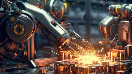 Poster - Automated Manufacturing: Robot Arm in Industrial Facility. Generative AI.