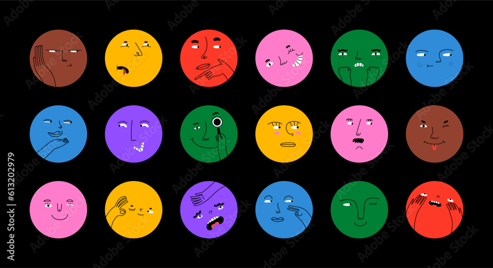 Diverse people face doing funny mood expression and emotion. Colorful avatar design set, modern flat cartoon character collection in simple doodle art style for psychology concept or social reaction. 