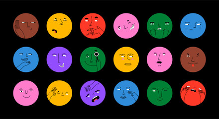 Wall Mural - diverse people face doing funny mood expression and emotion. colorful avatar design set, modern flat