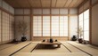 Traditional japanese tea room interior with tatami mats. 3d rendering