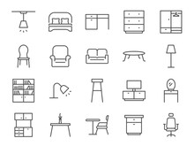Furniture Icon Set. It Included Home Appliances, Room, Cabinet, Closet, And More Icons. Editable Vector Stroke.
