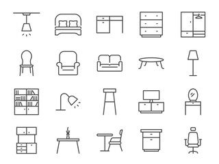 Furniture icon set. It included home appliances, room, cabinet, closet, and more icons. Editable Vector Stroke.