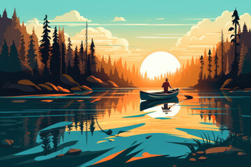 canoeing adventure boat on peaceful lake summer nature landscape illustration Generative AI