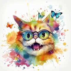  Cute watercolor cat in rainbow paint playing with a butterfly. Colorful cat with sunglasses on white background. Created with generative ai