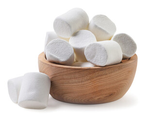 Wall Mural - Marshmallows in a wooden plate close-up on a white. Isolated