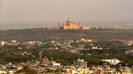 Aerial view of Jodhpur Umaid Bhawan Palace - the blue city. Rajasthan, India