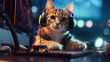 Playful gamer cat: funny feline in headphones. Created using generative AI tools