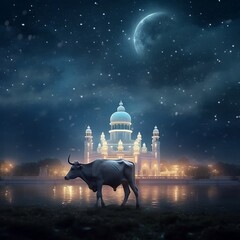 Eid al adha night moment with cow and mosque background