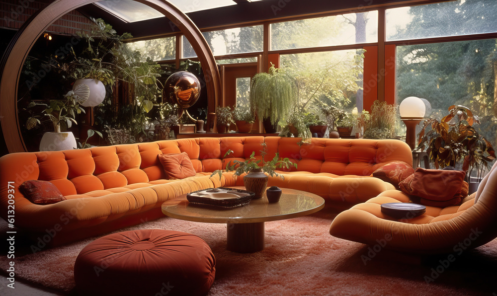 Living room with orange sofa and indoor plants, 70s-style. Created ...