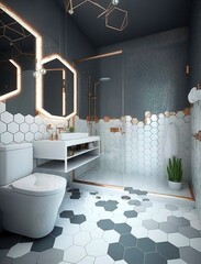modern small bathroom with hexagonal tiles