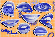 Cutouts Collage Elements As Woman Lips And Eye, Scribble Graffiti Doodles. Pop Art Halftone Collage With Feminine Mouths. Vector Illustration, Grunge Y2k Punk Crazy Art Template Elements