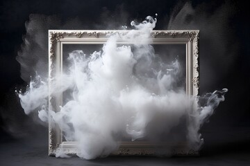Wall Mural - Generative AI, White powder splash and smoke around empty vintage beautiful frame..