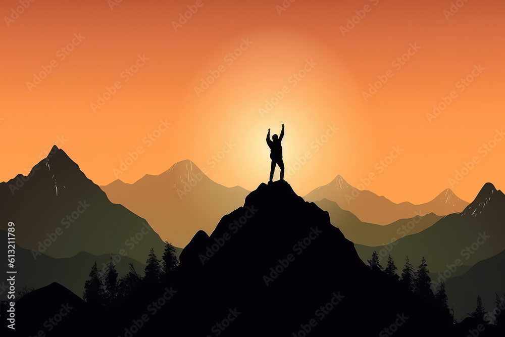Winning Man standing on the top of a mountain for success and freedom ...