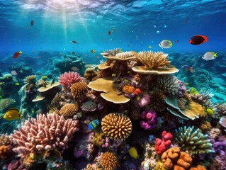  Colorful and beautiful underwater world with corals and tropical fish. created with Generative AI