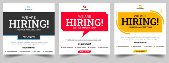 vector We are hiring job vacancy social media post banner design template with red color. We are hiring job vacancy for a square web banner design. Employee vacancy announcement. Illustration isolated