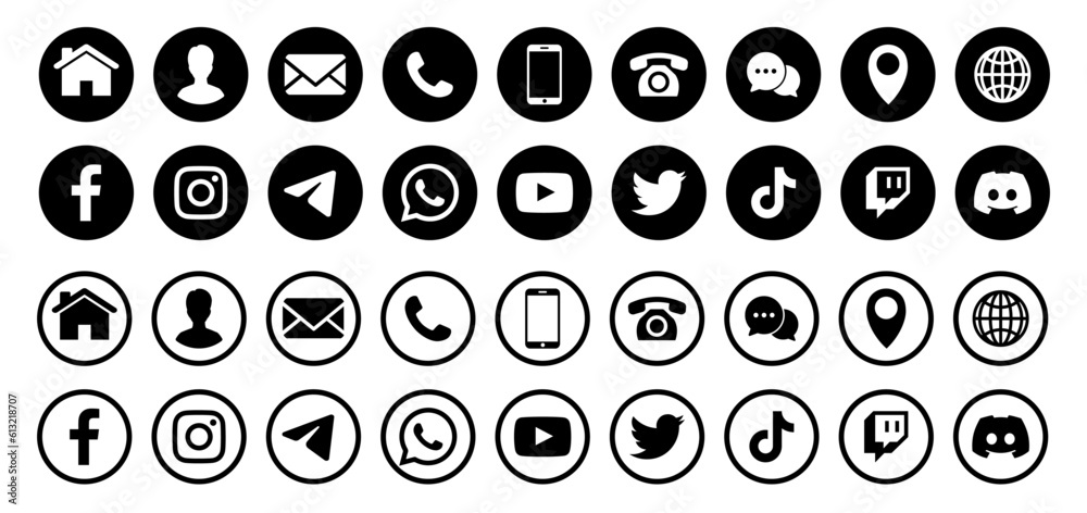 Connect Icons.Contact us icon set.Contact and Communication Icons.Set of Communication icon.Set of Social media icon:Facebook,Instagram, Twitter, Youtube,Whatsapp.Set of Icons for social networking