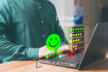 Poster - Customer use a computer laptop with a pop-up smile face and five star icon for assessment feedback review satisfaction and testimonial. Customer service experience and business satisfaction survey.