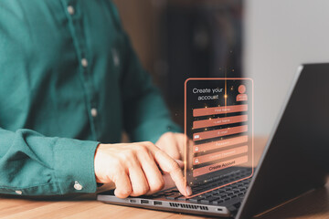 Poster - Adult Man type sign up for the website on a computer laptop. Cyber security concept to protect personal data. Secure encryption and access to the user's private information to access the internet.
