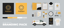 Shiled Form Minimal Logo Template And Corporate Branding Basic Elements Pack. Orange And Black Colors, Premium Vector Design. Presentation Of Corporate Identity.