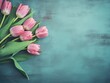 Bouquet of pink tulips on blue wooden background. Toned. Spring pink tulip bouquet on rustic weathered teal wall. copy space. Flower, floral wallpaper. generative AI