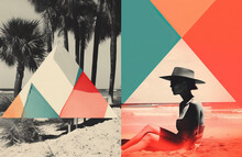 Generative AI Illustration Of Side View Of Woman In Hat Relaxing On Sandy Beach Near Sea And Palm Trees Against Colorful Background