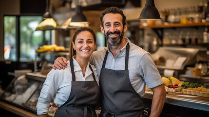 Portrait of two smiling entrepreneurs standing welcomingly together in their trendy cafe.Created with Generative AI technology.