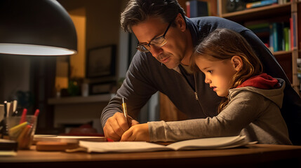 Canvas Print - Middle aged father doing homework with his daughter.Created with Generative AI technology.