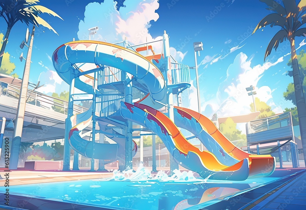 Aqua park with water slides, swimming pool, sea beach resort water park ...