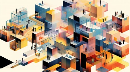 Poster - High-rise office isometric room, meetings, negotiations, brainstorming, office workers, business men and women