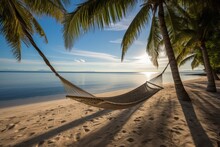 Relaxing Hammock Suspended Between Two Palm Trees On A Serene Beach. Generative AI