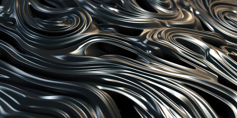 Wall Mural - Close-up texture of liquid shiny metal in silver black color with swirls and shimmers. Liquid metallic texture, backdrop for web promotion. Generative AI 3d render illustration imitation.