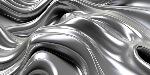 Fototapete - Closeup texture of liquid shiny metal in silver gray color with highlights and shimmers. Liquid metallic texture, background for web promotion. Generative AI 3d render illustration imitation.