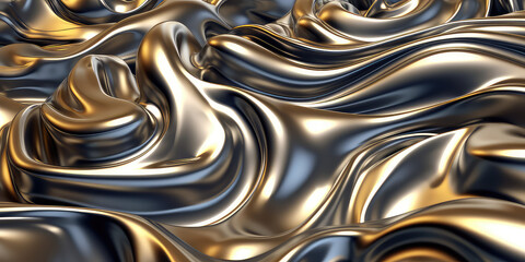 Fototapete - Close-up texture of liquid shiny metal in silver gold color with highlights and shimmers. Liquid metallic texture, backdrop for web promotion. Generative AI 3d render illustration imitation.