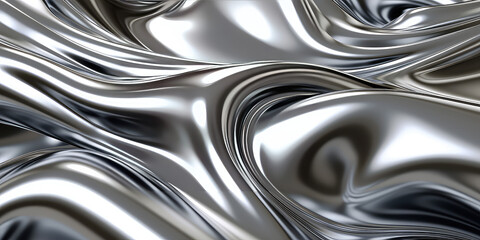 Wall Mural - Closeup texture of liquid shiny metal in silver gray color with swirls, highlights and shimmers. Liquid metallic texture, backdrop for web promotion. Generative AI 3d render illustration imitation.