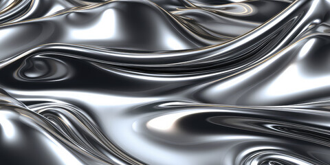 Fototapete - Close-up texture of liquid shiny metal in silver gray color with highlights and shimmers. Liquid metallic texture, backdrop for web promotion. Generative AI 3d rendering illustration imitation.