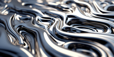 Fototapete - Close-up texture of liquid shiny metal in silver gray color with highlights and shimmers. Liquid metallic texture, background for web promotion. Generative AI 3d render illustration imitation.