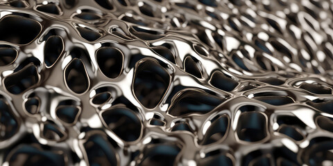 Fototapete - Close-up texture of liquid shiny metal chain in silver gray color with cells, highlights. Liquid metallic texture, backdrop for web promotion. Generative AI 3d render illustration imitation.