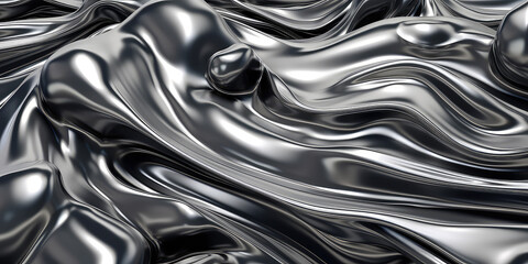 Fototapete - Close up texture of liquid shiny metal in silver gray color with highlights and shimmers. Liquid metallic texture, background for web promotion. Generative AI 3d render illustration imitation.