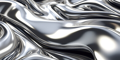Close up texture of liquid shiny metal in silver gray color with highlights and shimmers. Liquid metallic texture, backdrop for web promotion. Generative AI 3d rendering illustration imitation.