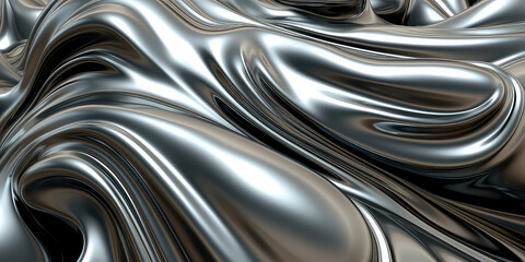 Fototapete - Close up texture of liquid shiny metal in silver gray color with highlight and shimmers. Liquid metallic texture, backdrop for web promotion. Generative AI 3d render illustration imitation.