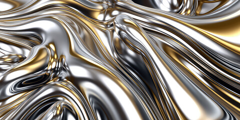 Fototapete - Close-up texture of liquid shiny metal in silver gray color with highlights and gold shimmers. Liquid metallic texture, backdrop for web promotion. Generative AI 3d render illustration imitation.