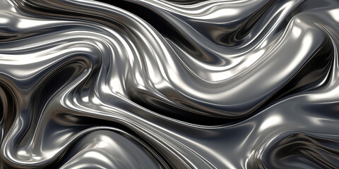 Fototapete - Close-up texture of liquid shiny metal in silver gray color with waves and shimmers. Liquid metallic texture, backdrop for web promotion. Generative AI 3d render illustration imitation.