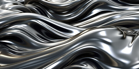 Fototapete - Close up texture of liquid shiny metal in silver gray color with highlights and shimmers. Liquid metallic texture, backdrop for web promotion. Generative AI 3d render illustration imitation.