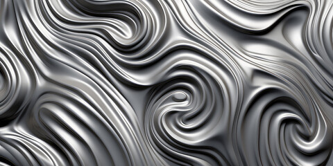 Fototapete - Close-up texture of liquid shiny metal in silver gray color with highlights and swirls. Liquid metallic texture, backdrop for web promotion. Generative AI 3d render illustration imitation.
