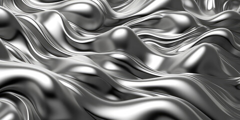 Fototapete - Closeup texture of liquid shiny metal in silver gray color with highlights and shimmers. Liquid metallic texture, backdrop for web promotion. Generative AI 3d render illustration imitation.
