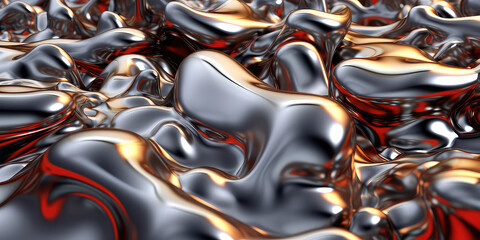Fototapete - Close-up texture of liquid shiny metal in silver, gray, gold color with highlights and shimmers. Liquid metallic texture, backdrop for web promotion. Generative AI 3d render illustration imitation.