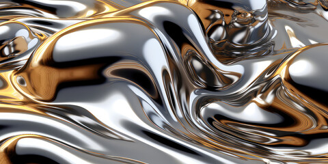 Fototapete - Close-up texture of liquid shiny metal in silver gray, yellow color with highlights and shimmers. Liquid metallic texture, backdrop for web promotion. Generative AI 3d render illustration imitation.