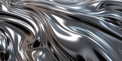 Fototapete - Close-up texture of liquid shiny metal in silver gray color with highlight waves. Liquid metallic texture, backdrop for web promotion. Generative AI 3d render illustration imitation.