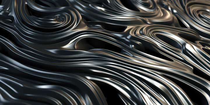 Close-up texture of liquid shiny metal in silver black color with swirls and shimmers. Liquid metallic texture, backdrop for web promotion. Generative AI 3d render illustration imitation.