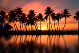 Fototapeta Zachód słońca - Silhouettes of palm trees on the beach during sunset generative ai 